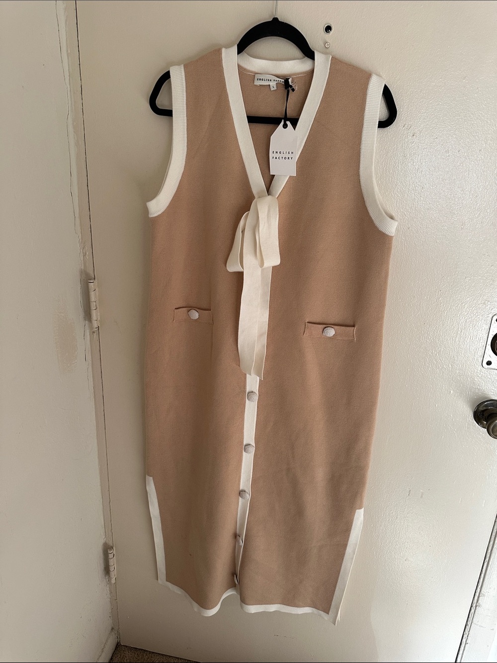 NWT English Factory Knit Shift Dress Beige White V-Neck  Midi Women's L